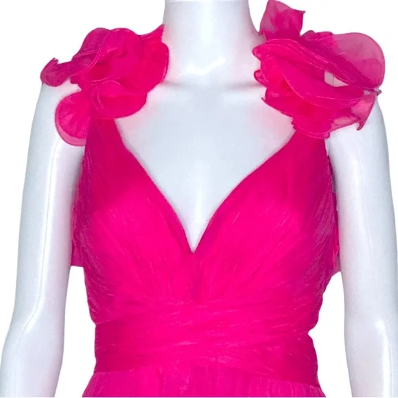 NWT Mac Duggal 67911 Hot Pink Ruffle Tied Cut-Out Chiffon Gown - Sz 10 - Picture 4 of 10